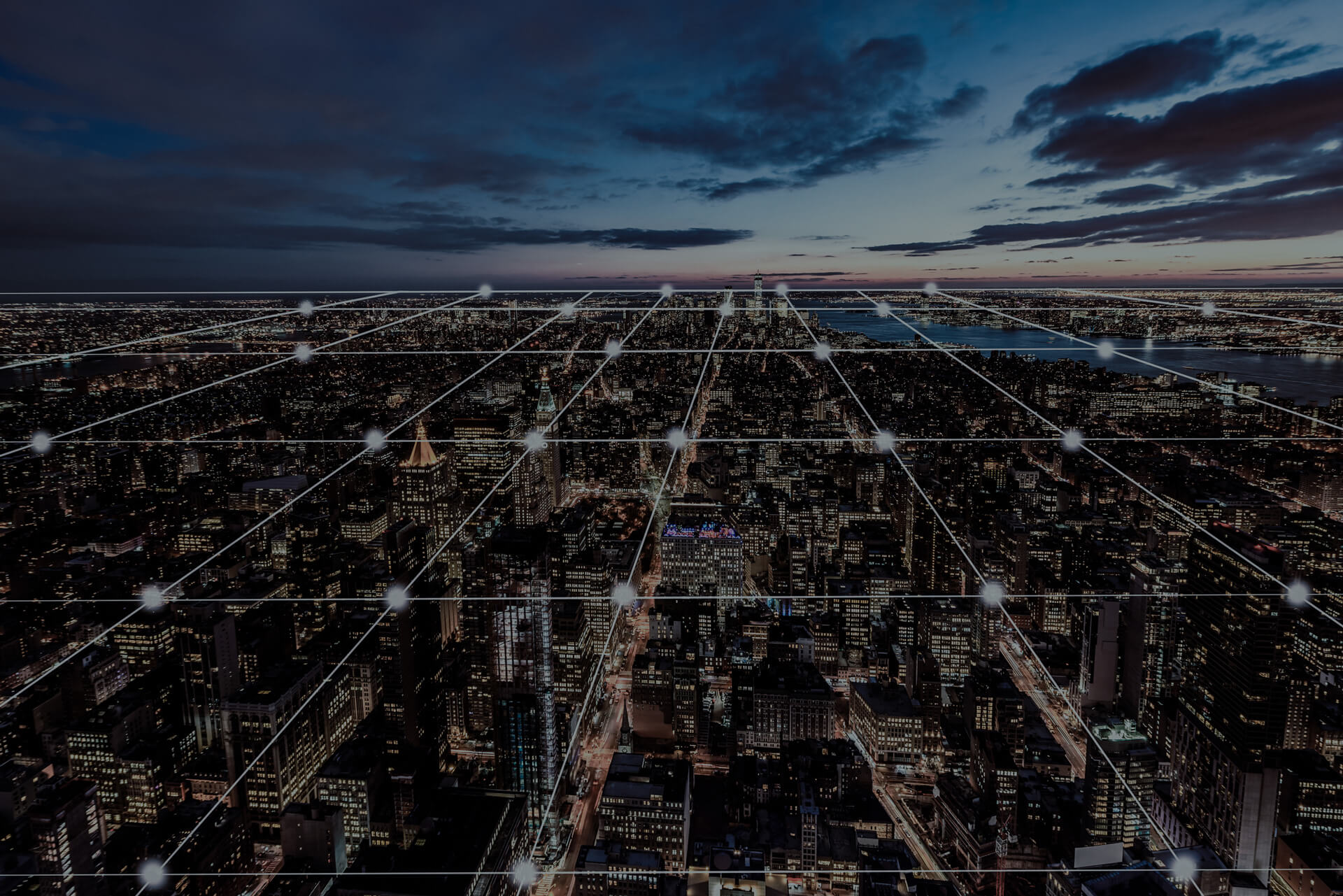 New York City landscape at nighttime with a grid overlayed