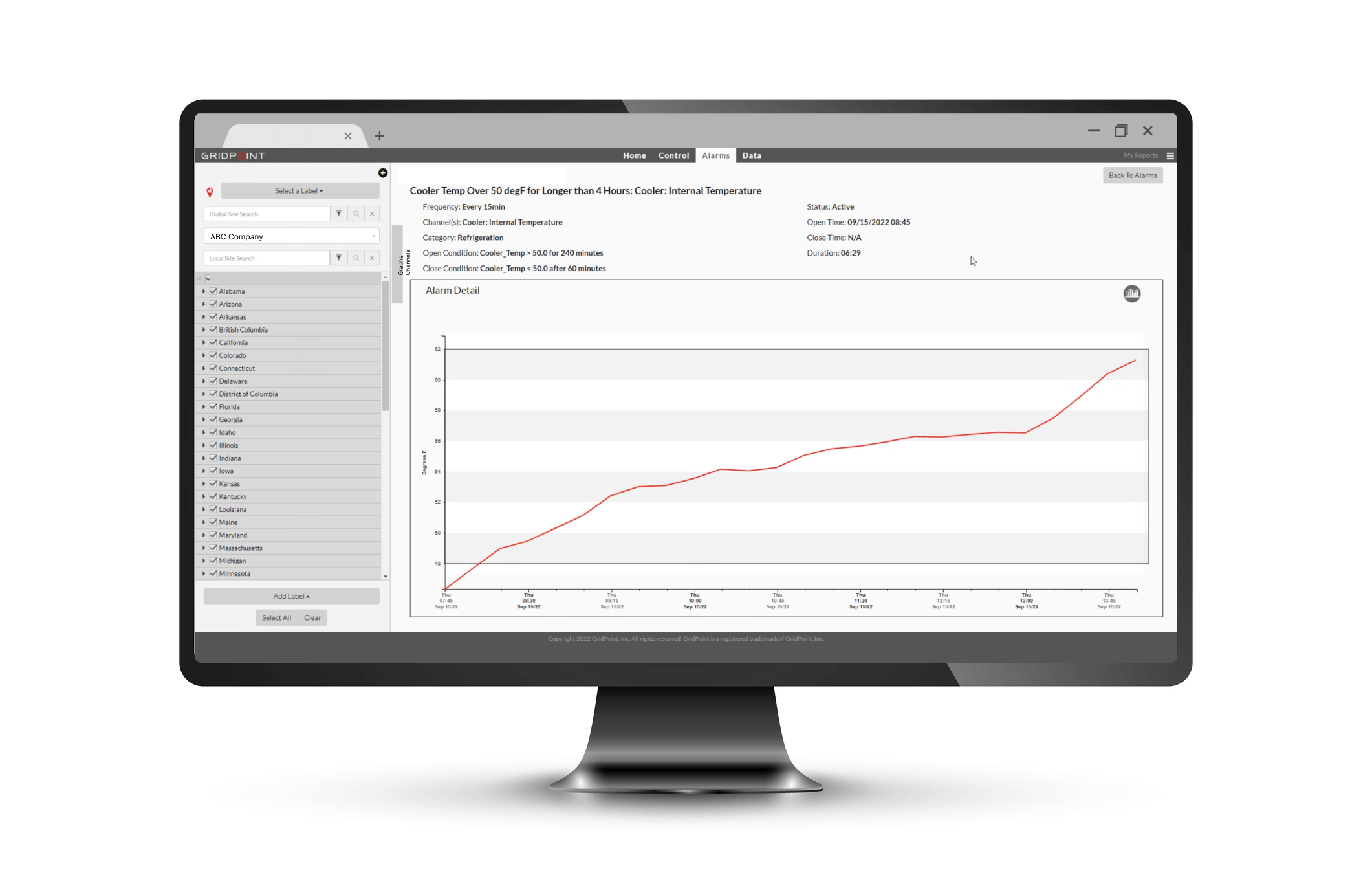 Computer showing refrigeration temperature Graph