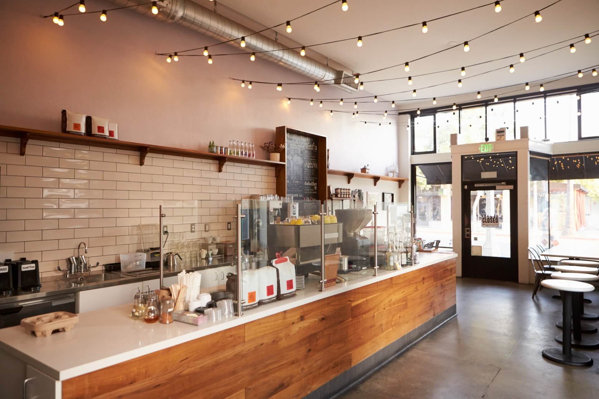 A cafe with hanging lights